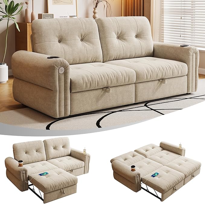 Queen Sofa BedConvertible Loveseat Sleeper SofasCouch with Pull Out BedPullout Couch Bed for Small SpaceQueen Sleeper Sofa Couches for Living RoomApartment &amp Guest Room Beige | USB Port Cup