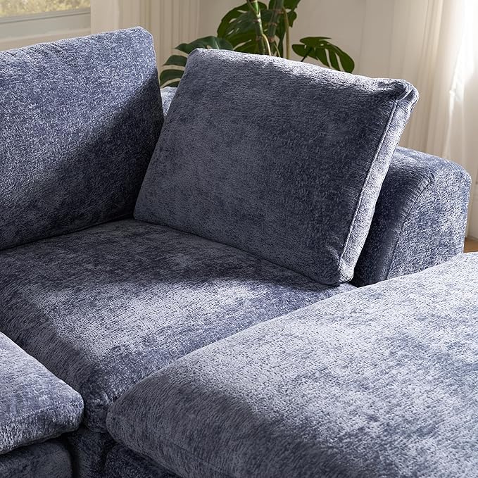SITJOY 110 Boneless Sectional Couch Modular Cloud Couch with Washable Covers Soft Deep Seat Comfy Sofa with Chaise 3 Seater L Shaped Sofa with Ottoman‌ Chenille in Navy Blue