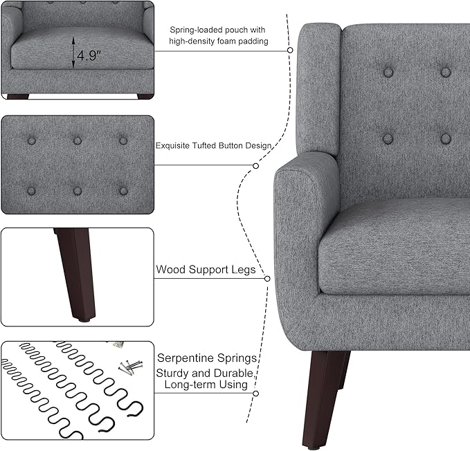 Linen Fabric Living Room Chairs Accent Chair Mid Century Modern Armchair for Living Room Bedroom Button Tufted Upholstered Comfy Reading SofasVanity Chair (1 Dark Grey)