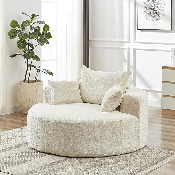 55 Oversized Chaise lounge Chair Indoor Modern Upholstered Deep Seat Wide Armrest Single Floor Circle Round Sofa Chair Sleeper for Small Living Room Bedroom Apartment with Pillow Beige Chenille