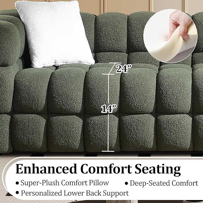 Modern Boucle Loveseat Couch for Living Room 61'' Sherpa Upholstered Sofa Couch Comfy Cloud Deep Seat Sofa Luxury Minimalist Plush Fluffy Couch for Small Apartment Office 2 Pillows Green