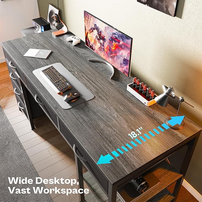 Huuger Computer Desk with 6 Drawers 47 Inch Office Desk with Shelves Reversible Gaming Desk Corner Desk with Storage Work for Home Office Study Living Room Gray