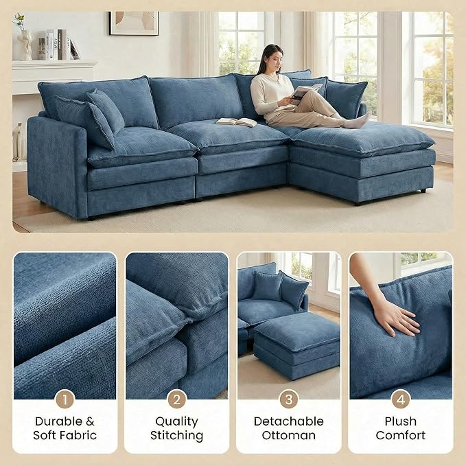 Homy Casa 102 Inch L Shaped Couch Set3-Seat Sectional Sofa with Chaise Comfortable Chenille Fabric Removable Cushions Ottoman DIY CombinationModern Design for Living/Family Room (Blue)