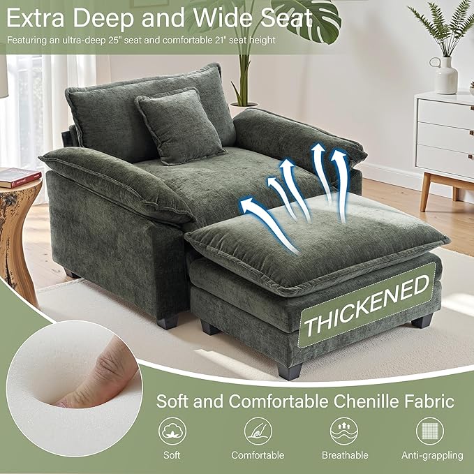 Winterstorm Chenille Oversized Chair with Ottoman - 44 W Large Comfy Accent Chair and Ottoman Set Modern Single Cloud Chaise Lounge for Indoor Living Room (Green)