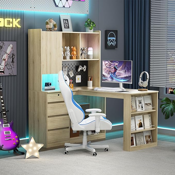L Shaped Desk with Hutch Wooden Home Office Desk with 4 Drawers Storage Cabinet Charging Station Corner Writing Computer Desk(Right Side Desk Wood)