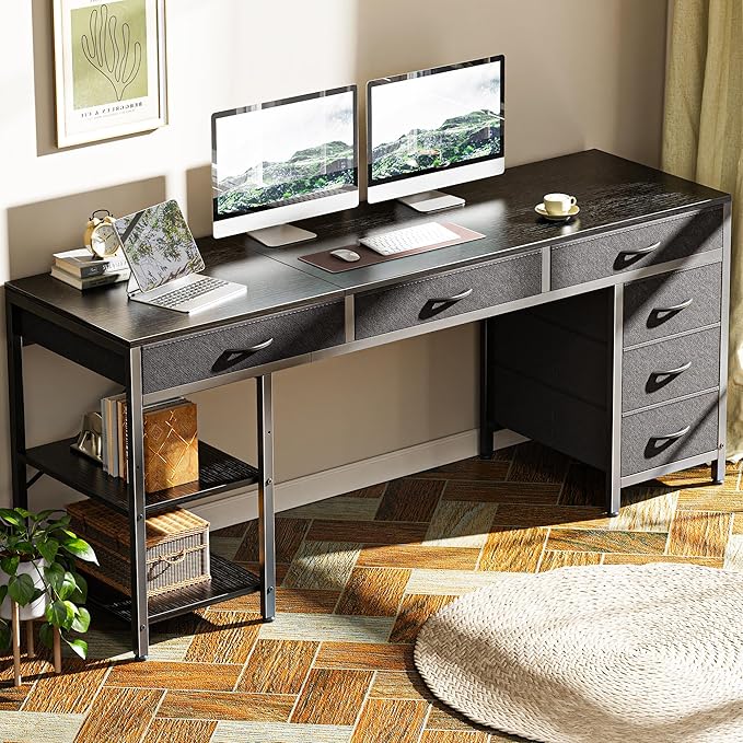 Huuger Computer Desk with 6 Drawers 63 Inch Office Desk with Shelves Reversible Gaming Desk Corner Desk with Storage for Home Office Study Living Room Black