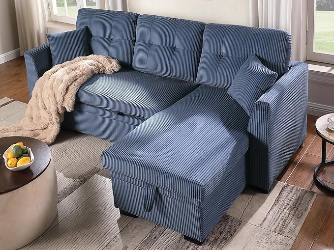 BEEY Sleeper Sofa 82 Corduroy Sectional Sofa Bed with Storage Chaise Convertible L Shaped Sofa Couch with Pull Out Bed for Bedroom Living Room Apartment Blue