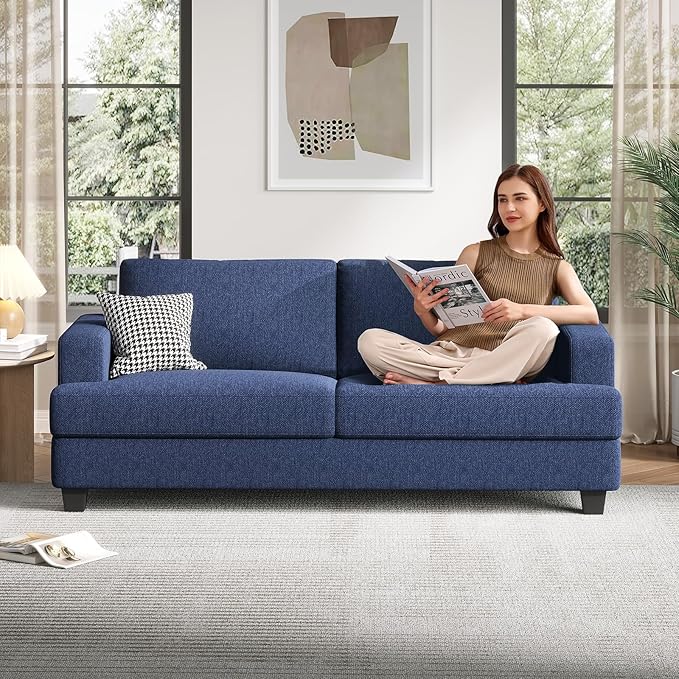 84 Inch Sofa with Extra Deep Seats Oversize Linen Fabric 2 Seater Sofa for Living RoomModern Couch and Loveseat Comfy Armrests and Seats and Backrests Easy Installation Blue