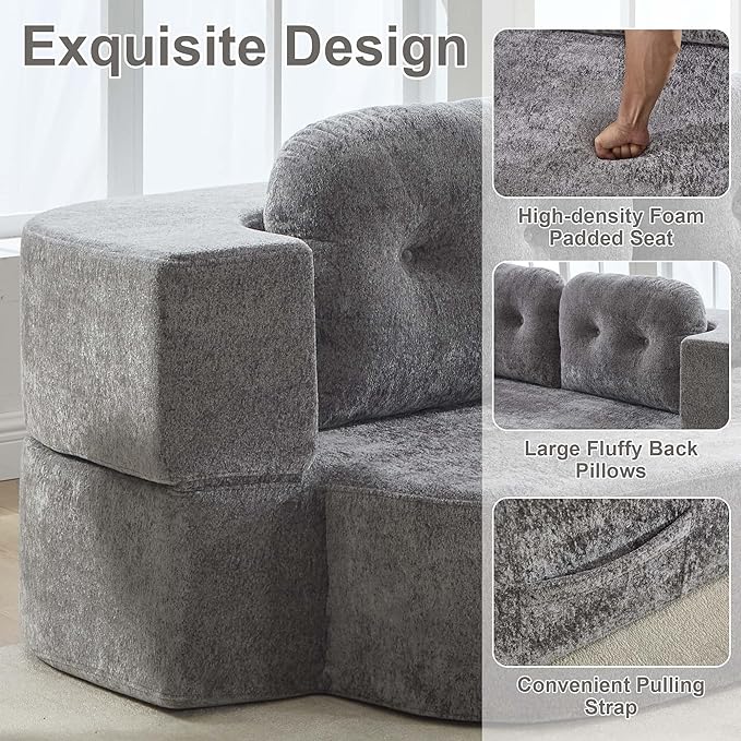78.7 W Boneless Cloud Loveseat Sofa 2 in 1 Convertible Floor Folding Couch Bed No Assembly Compressed Foam Lounge Sofa Sleeper for Dorm Apartment Office Bedroom Living Room Small Spaces