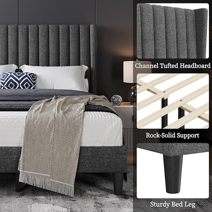 Yaheetech Full Bed Frame Upholstered Platform Bed with Fabric Headboard Wing Edge Design/Non-Slip and Noise-Free/Wooden Slats Support/No Box Spring Needed/Easy Assembly Dark Gray Full Bed