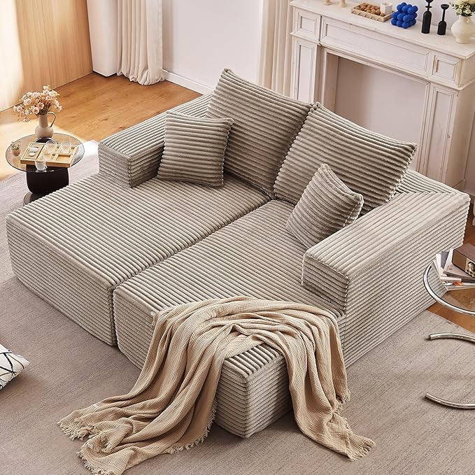 75Oversized Chaise Lounge ChairSectional Double Lounge Chaise with Pillows Upholstered Corduroy Boneless Lounge Chair Fluffy Modern Loveseat Sleeper Sofa for Living Room or Bedroom(Camel)