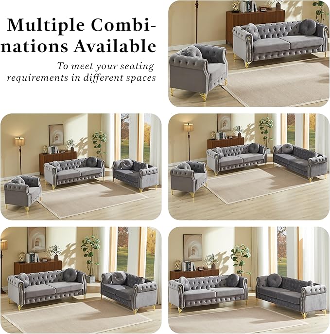 37 Velvet Chesterfield Single Sofa Sets with Two Pillows Featuring Copper Stud Detailing (Grey 37 Single Sofa)