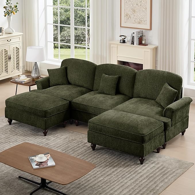 107'' Elegant U Shaped Chenille Mid Century Sectional Sofa Comfy Oversized 5 Seater Cloud Couch with Flared Arms and 2 Ottomans for Living Room