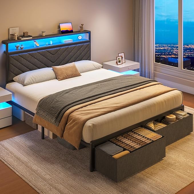 Queen Bed Frame with 2 Drawers Upholstered Headboard with Storage and Charging Station LED Lights Fabric Drawers with Wheels Under Bed Storage No Box Spring Needed Easy Assembly Grey
