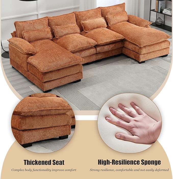 110'' U-Shaped Sectional Couch Modern Chenille Extra Large Modular Sofa with 4 Cushions Memory Foam Funiture Set with Double Lounger for Living Room Office Reception Room Orange