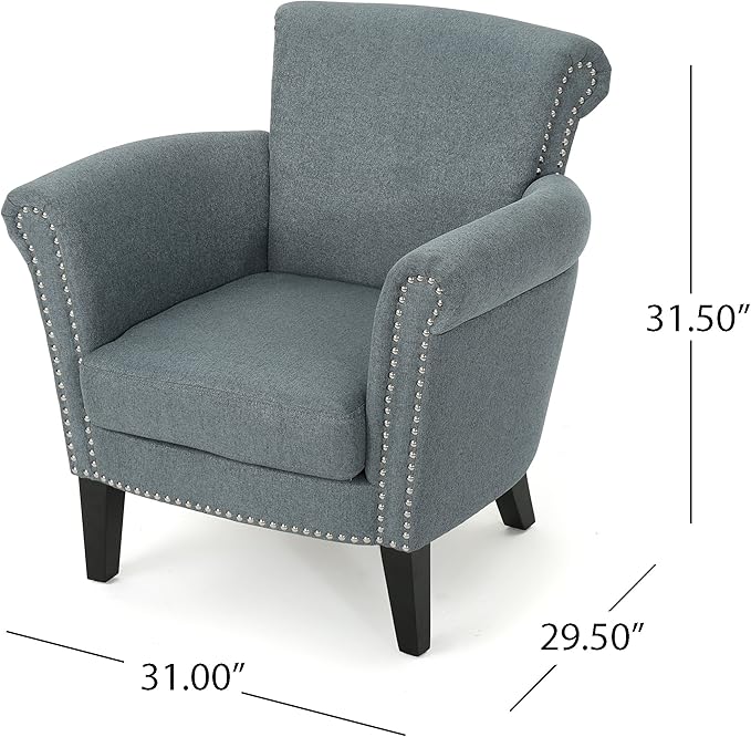 Christopher Knight Home Brice Vintage Scroll Arm Studded Fabric Club Chair Steel Blue / Dark Brown