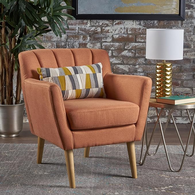 Mid-Century Accent Chairs Modern Upholstered Living Room Chair Cozy Armchair with Wood Legs for Bedroom/Office/Cafe/Living Room (Orange + Linen)