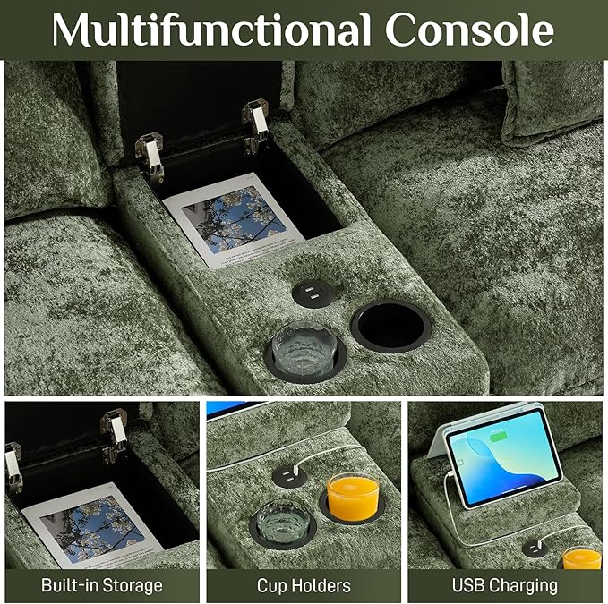 152 Oversized Modular Sectional Sofa U Shaped Cloud Couch Modern 6 Seat Sofa Set for Living Room Comfy Chenille Couch with Storage Central Console Movable Ottomans Cup Holders USB Ports Green