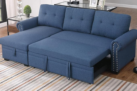 83 L-Shaped Sleeper Sectional Sofa with Storage Chaise &amp Cup Holders – Pull-Out Convertible Bed 3-in-1 Space-Saving Design for Apartments Modern Linen Fabric Easy Assembly