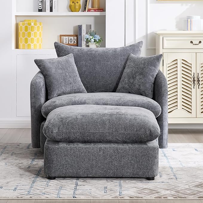 46.1 Wide Swivel Accent Chair with Ottoman Set of 2 Modern Swivel Barrel Chair for Living Room 360 Degree Oversized Accent Chair Upholstered Sofa Armchair for Bedroom Chenille Grey