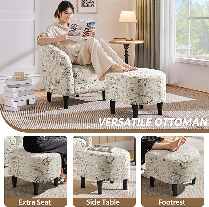 Yaheetech Modren Club Chair with Ottoman Fabric Accent Armchair with Footstool Upholstered Barrel Chair and Footrest for Living Room Bedroom Guestroom Letter Print