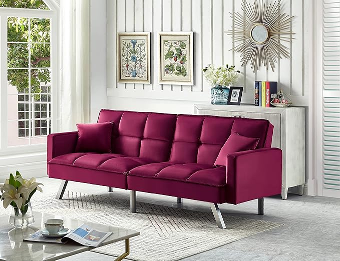 Legend Vansen 80'' Velvet Love seat Convertible Futon Two Pillows Sleeper Couch with 3 Adjustable Backrests Sofa Bed Large Sleeping Area Sofabed Red