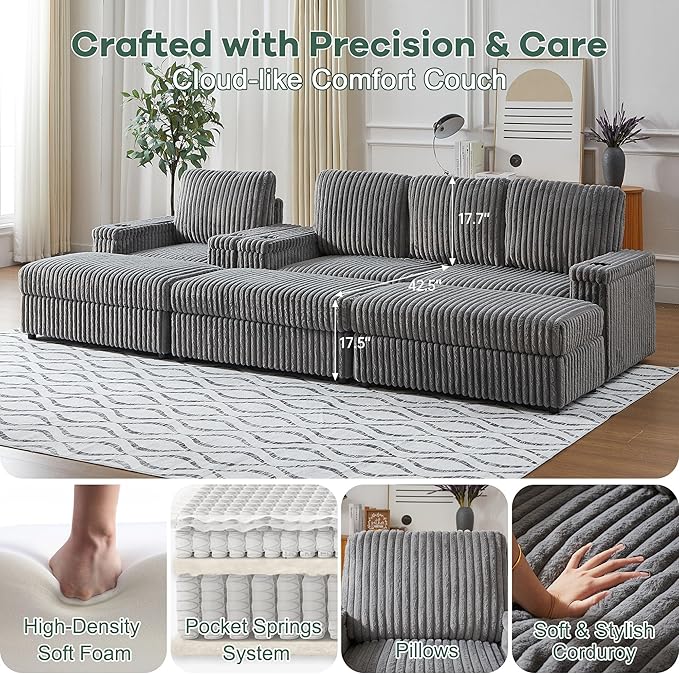 127 Modular L Shaped Sofa Couch Modern Comfy Corduroy Couch Convertible Sectional Sofa Set with 3 Ottomans Chaise Armrest Storage Cup Holder Home Sofa Living Room Free Combination (Grey)