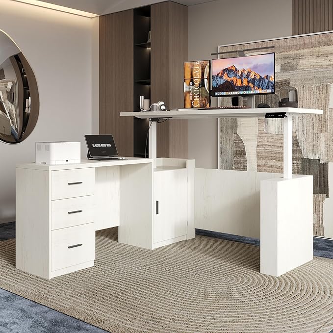 WOODTIME L Shaped Electric Standing Desk with Door &amp 3 Drawers Height Adjustable Home Office Computer Desk 63 L Stand up Corner Table Beige