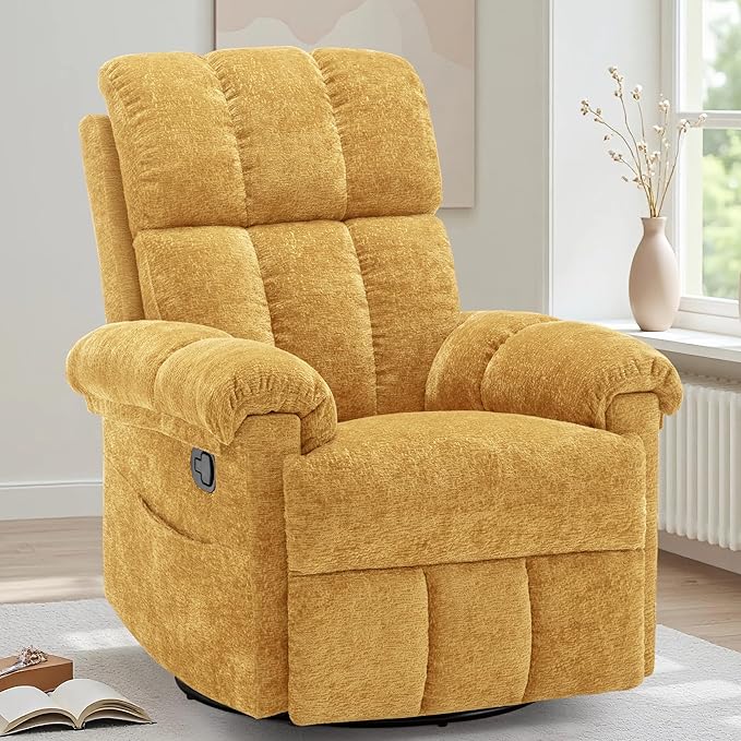 Recliner Chair Swivel Rocker Recliner Chair for Adults Small Recliners for Small Spaces Upholstered Manual Recliner with Side Pockets Nursery Rocking Chair for Living Room Chenille Yellow