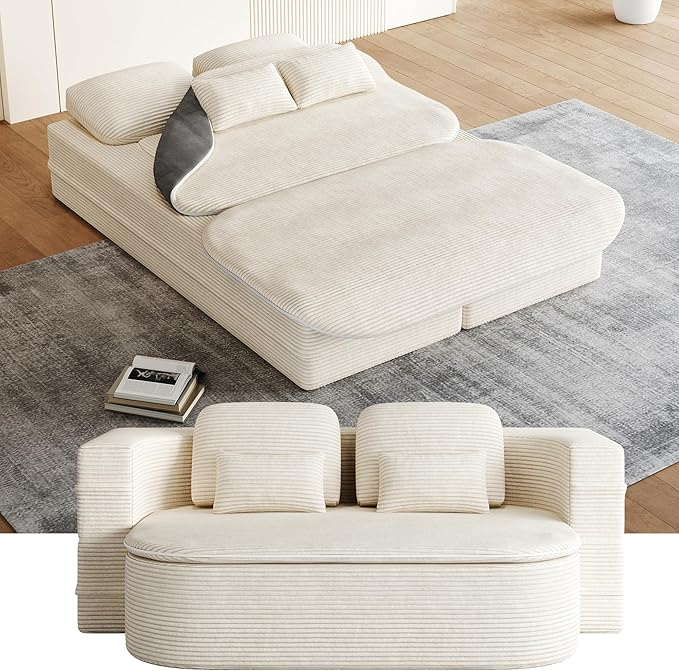 Convertible Folding Futon Sofa Bed 2-in-1 Corduroy Love seat Sleeper Sofa with Functional Blanket Foldable Full Size Guest Couch Bed with 4 Soft Pillows for Living Room (Beige)