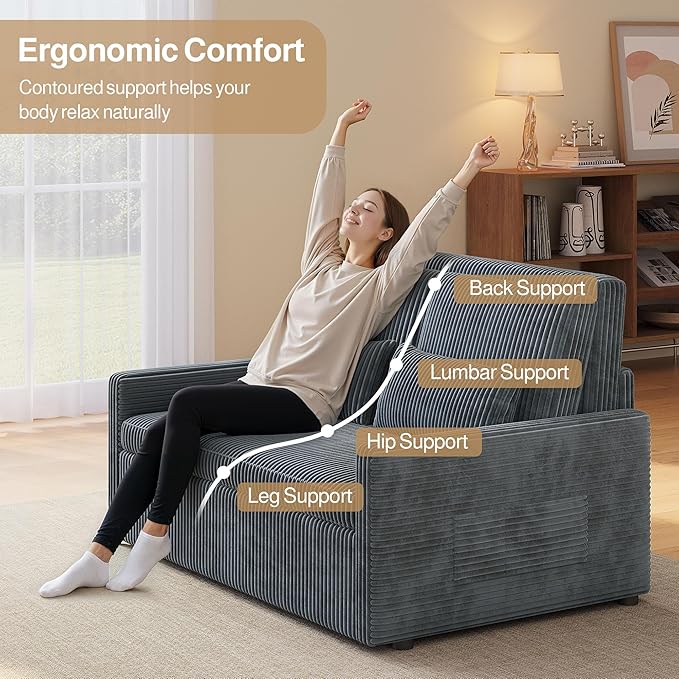 Ahomly 77.2'' Extended Pull Out Sofa Bed 3-in-1 Convertible Loveseat Sleeper Couch Bed Corduroy Sofa for Living Room Bedroom Apartment Dark Grey