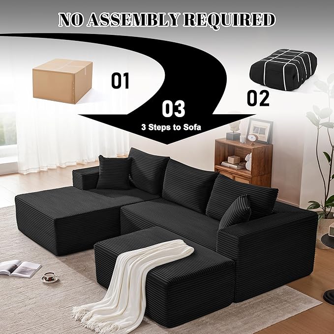 110” Cloud Sectional Couch Modular Sectional Sofa with Deep Seat Boneless Sofa for Living Room Fluffy Comfy U-Shaped Couch with Left Facing Chaise No Assembly Required Black