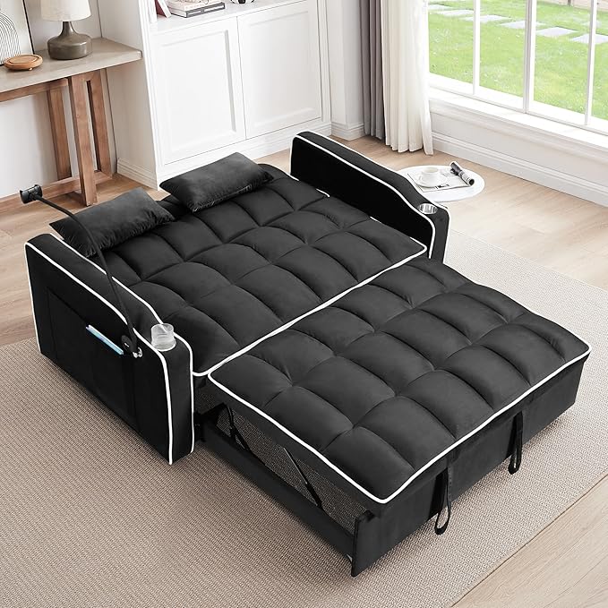 TTK 3-in-1 Convertible Velvet Sleeper Sofa Bed Pull-Out Loveseat with Adjustable Backrest USB Port &amp 2 Pillows Swivel Phone Stand &amp Storage Pockets Modern Futon Couch for Living Room Blac