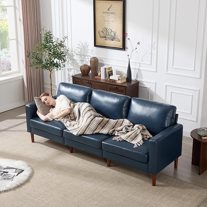 Kingfun Faux Leather Sofa with Loveseat 2 &amp 3 Seater Couch Mid Century Modern Couches with Solid Wood Legs for Living Room &amp Bedroom Navy Blue