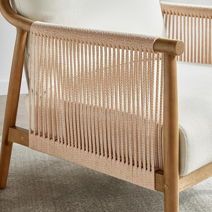 CHITA Braid Accent Chair Set of 2 Modern Armchair with Solid Wooden Armrest for Living Room and Bedroom Boho Reading Chair Cream