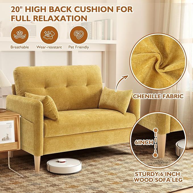 47 Small Sofa Couch for Bedroom Soft Chenille loveseat Mini Couch with Throw Pillow and Removable Cushion Cover for Small Spaces Living Room Apartment Dorm Office(Yellow)