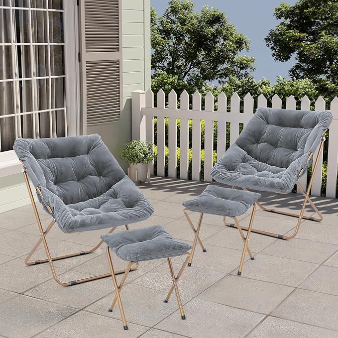 Cozy Saucer Chair Living Room Chair Faux Fur Soft Thick Padded Folding Chair Comfortable Square Moon Chair for Living Room Bedroom Reading Nook Modern Style 2 Pack Gray