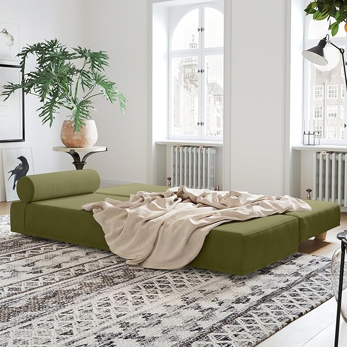 Jaxx Alon Daybed - Fold-Out Sleeper Chaise with Premium Memory Foam Queen-Size Mattress - Made in The USA - Moss
