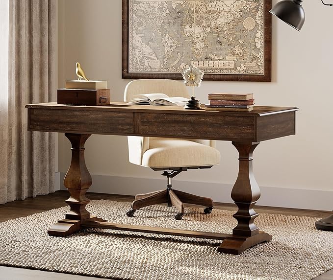 WAMPAT 60-inch Vintage Wood Home Office Desk with Stable Solid Wood Pedestral Legs Tradional Rustic Executive Desk with Deep Drawers and Power Outlets for OfficeStudyDark Walnut Brown