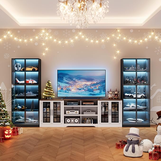 Farmhouse TV Stand for TVs up to 100Entertainment Center with 2 LED Storage CabinetsTV Console with Glass Doors and Adjustable Compartments for Large Space Living RoomBedroom