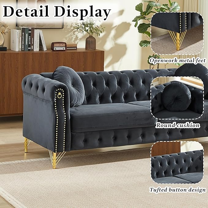 2 Pieces Black Velvet Chesterfield 82 3-Seater Sofa Sets with Two Pillows Featuring Copper Stud Detailing with Metal Legs Loop Design Allows for Hanging Cartoon Ornaments.