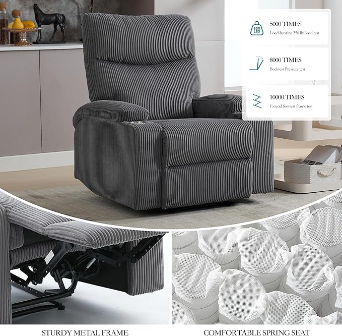 Manual Recliner Chair with Pull Ring 3 Position 140° Reclining Sofa for Living Room Nursery RV and OfficeOversized Recliner Chairs for Adults(Grey Corduroy Fabric)