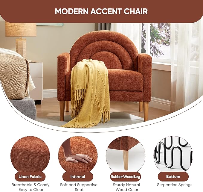 Accent Chair Reading Chair with Armrest Small Comfy Chair for Small Spaces Modern Linen Upholstered Armchair for Bedroom &amp Living Room Single Sofa Chair with Wood Legs Easy Assembly (Ocher)
