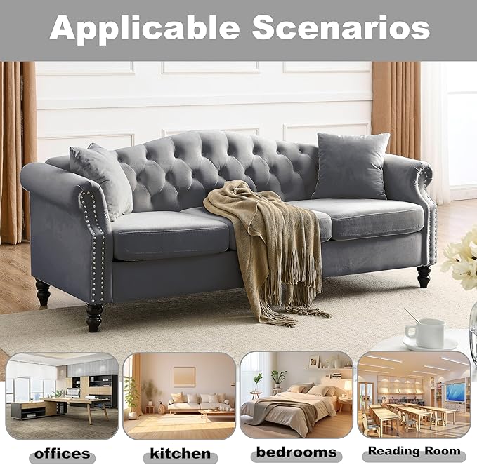 2 Piece Modern Grey Velvet 79 3-Seater and 57 Loveseat Sofa Sets Chesterfield Button Tufted Nailhead Combination Couch with 4 Pillows Trimming Curved Backrest &amp Rolled Arm Sofa for Living Room
