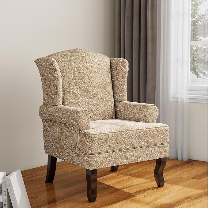 Lumibee High Back Accent Chair Comfy Armchair with Solid Wood Legs for Living Room Upholstered Accent Chair for Small Space Single Sofa Reading Chairs for Office-Paisley Brown