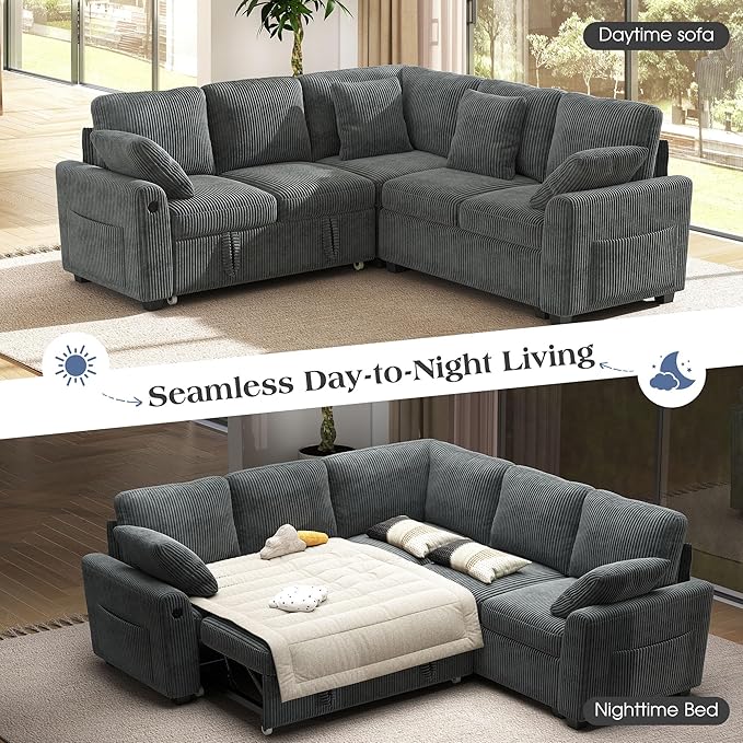 Ihanherry 83-inch 5-Seater Large Sectional Sofa Bed with Storage Corduroy Reversible Modular Sleeper Sofa with USB Port &amp 4 Pillows Convertible L-Shaped Couch for Living Room（Gray）