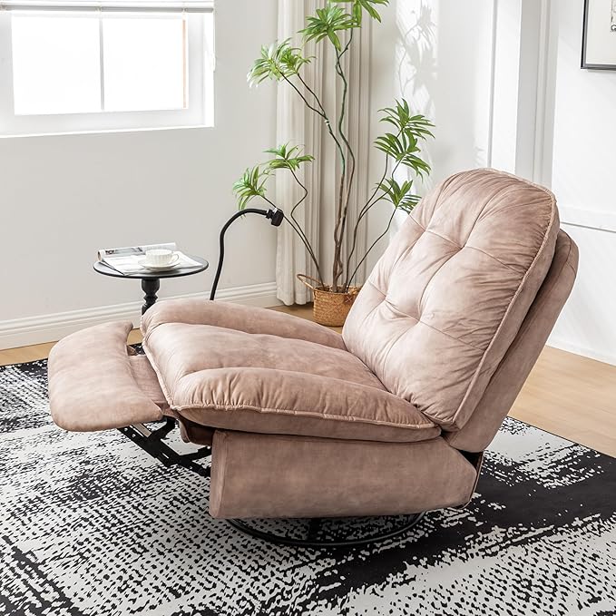 JOSHEN 41 Modern Velvet Reclining Lazy ChairLarge Reading ChairSwivel Gliding Rocking Chair with Mobile Phone Holder for Living RoomBedroomLight Brown