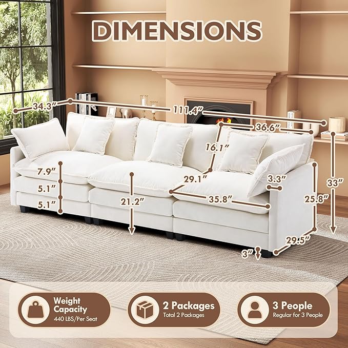 111.4” Cloud Couch Modular Sectional Sofa Comfy Modern 3-Seater Couches with Pillows &amp Upholstered Deep Seat Cushion for Living Room Apartment Bedroom （Beige）