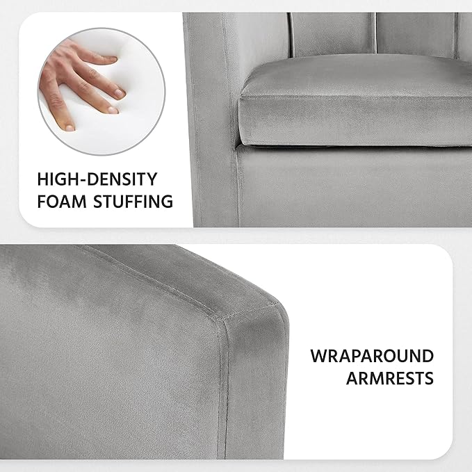 Yaheetech Accent Chair Modern Velvet Armchairs with Big Ample Seat Half Rounded Back Cozy Upholstered Barrel Sofa Chair for Living Room Bedroom Waiting Room Gray