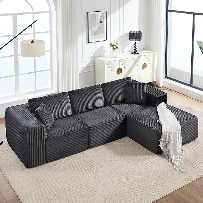 L-Shaped Boneless Modular Sectional Sofa 107 Modern Corduroy Upholstery Couch with Chaise for Living Room 3-Seater Cloud Couches with Deep Seat No Assembly Right Facing Chaise Dark Grey